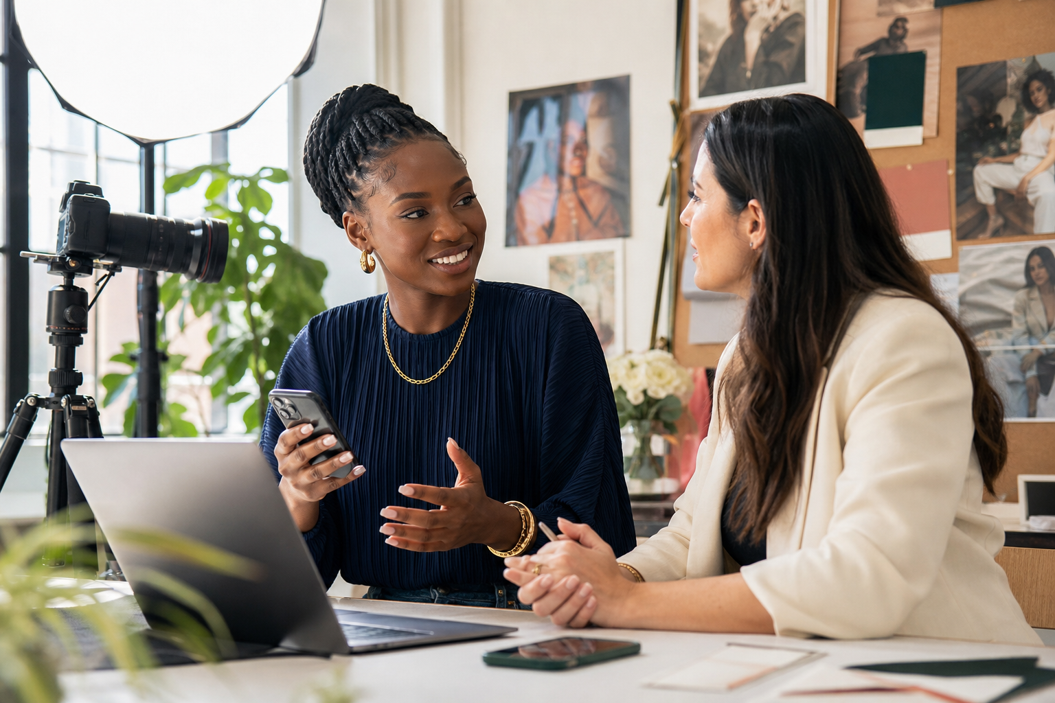 A content creator planning a campaign with her brand manager